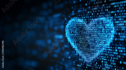 glowing heart shape formed by binary code and algorithms, symbolizing the fusion of digital technology and love on Valentine’s Day, showing modern expressions of affection through tech