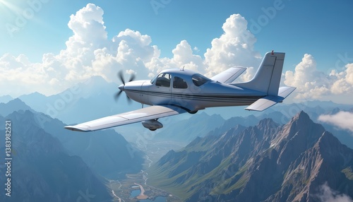 Wallpaper Mural Small plane flying over majestic mountain range. Aircraft in blue sky. Aerial view of pilot journey, travel adventure, exploration, freedom. Propeller airplane, adventure travel, clouds, scenic Torontodigital.ca