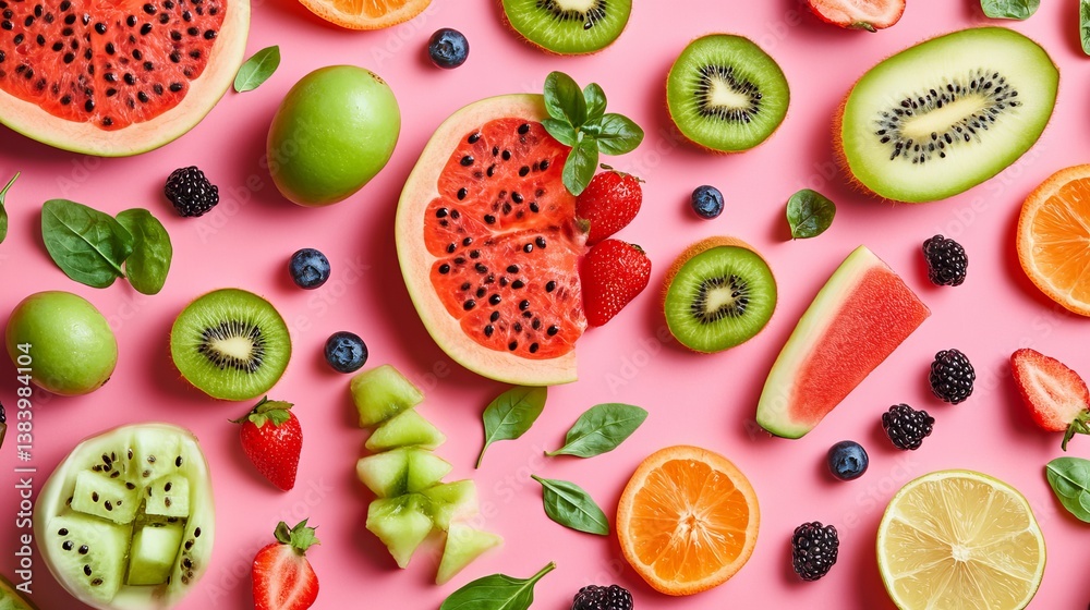 Assorted fresh fruits displayed on a pink background creating a vibrant and colorful composition Assorted fresh fruits displayed on a pink background creating a vibrant and colorful composition