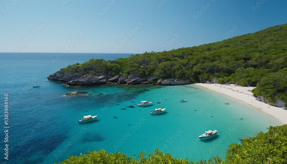 Obraz premium Mediterranean Seascape with Boats and Rocky Shore