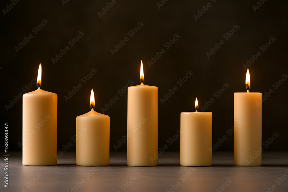 Five lit candles stand together, emanating a peaceful and comforting glow, casting light against a dark background. Warm light enhances ambiance. Five lit candles stand together, emanating a peaceful and comforting glow, casting light against a dark background. Warm light enhances ambiance.