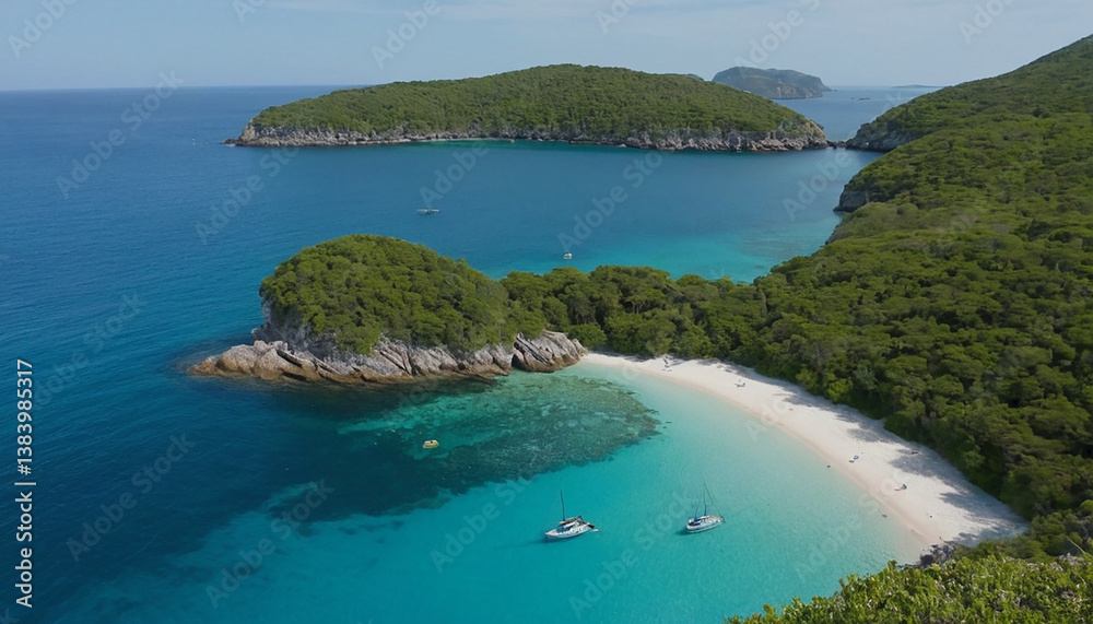 Obraz premium Mediterranean Seascape with Boats and Rocky Shore