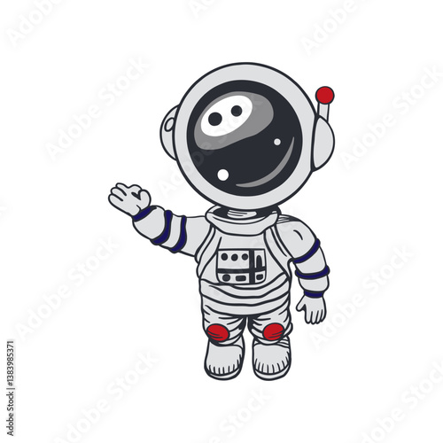 Astronaut standing in spacesuit with raised hand. Hand drawn vector illustration. For Cosmonautics Day cards, invitations, wallpapers, posters, covers, banners.