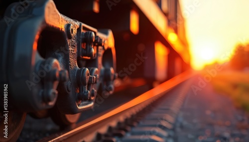 Close-up of train railcar coupling on tracks against vibrant sunset background. Industrial railroad transportation scene. Rail freight, logistic, connectivity concept, delivery, export. Heavy load.