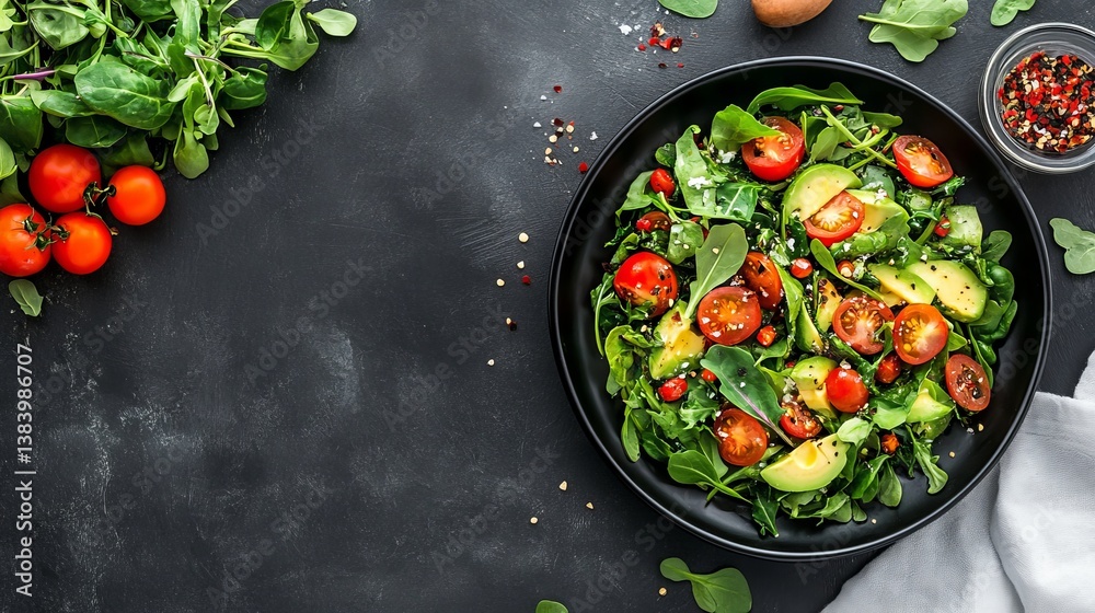 Overhead shot of a salad with tomatoes avocado and greens on a black plate with dark background Overhead shot of a salad with tomatoes avocado and greens on a black plate with dark background