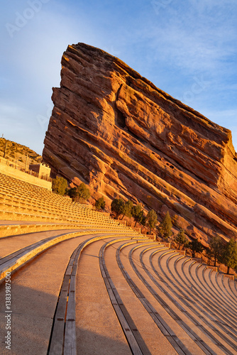 Warm morning sun hitting on the rocks at Red Rocks Park and Amphitheater in Denver, Colorado
