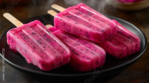 Neon pink dragon fruit popsicles served a black ceramic plate with a foggy mist effect rich contrast between bright pink and dark background fine texture details high end food photography ultra HD photo