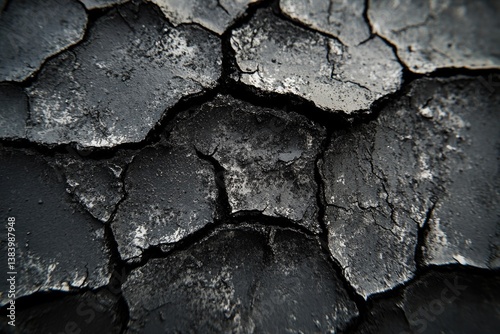 Close-up view of dark, cracked earth, possibly dry land or asphalt, showcasing texture and aridity.