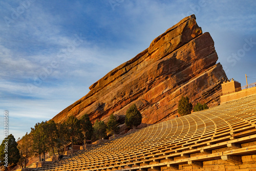 Warm morning sun hitting on the rocks at Red Rocks Park and Amphitheater in Denver, Colorado
