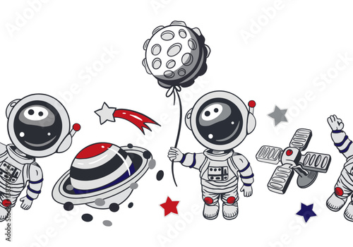 Cosmonauts, planet, moon, stars, seamless border. Hand drawn vector illustration. For Cosmonautics Day cards, invitations, large banners, posters, covers, wallpapers for childrens room, stickers.