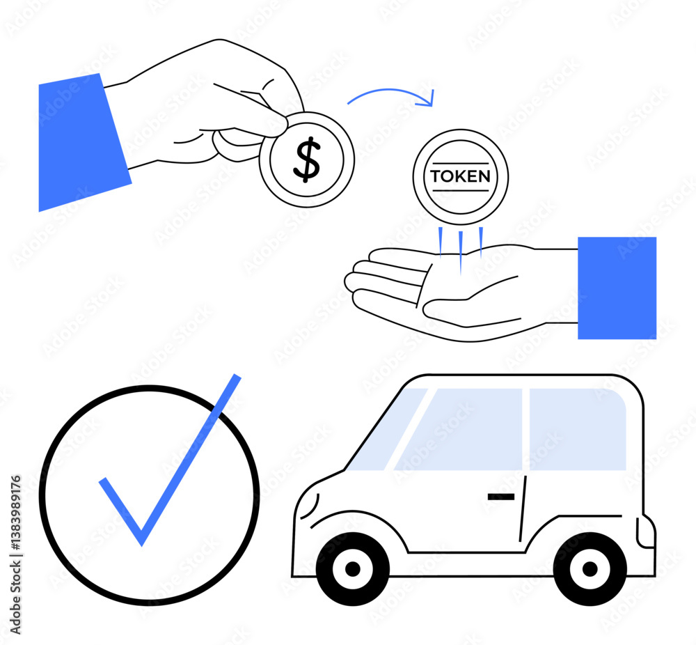 Hand giving coin for token, second hand receiving token, car illustration, checkmark approval. Ideal for digital payment, exchange system, transportation, validation, car rental cost visualization
