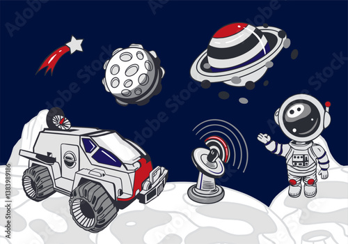 Astronaut, planet Saturn, moon, stars, space transport. Hand drawn vector illustration. For Cosmonautics Day cards, invitations, wallpapers, posters, covers, banners.