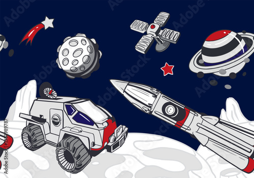 Rocket, planet Saturn, moon, stars, space transport, seamless border. Hand drawn vector illustration. Cosmonautics Day cards, invitations, large banners, posters, covers, wallpapers for childrens room