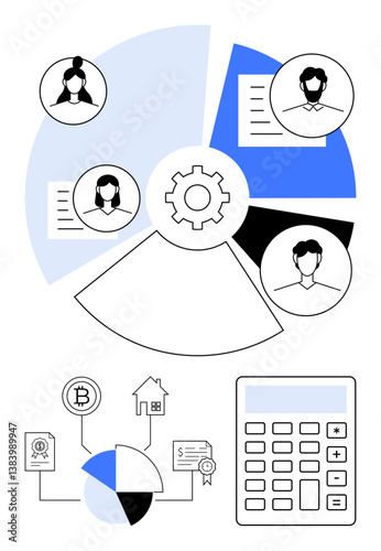 Gear in center links team profiles, pie charts, financial tokens, house icon, certificate visuals, calculator for collaborative tasks, finance, housing and blockchain. Ideal for teamwork finance