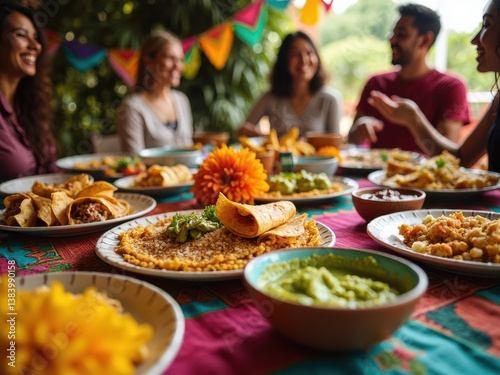 Close-up of a table filled with traditional Mexican food like tacos and guacamole, surrounded by friends and colorful decorations, creating a festive atmosphere.