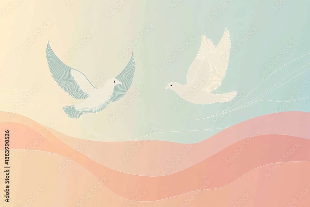 Obraz premium Elegant logo featuring two doves flying together in a serene pastel sky depicting peace and love
