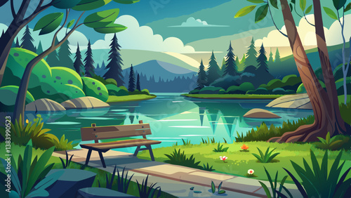 Forest Lake in Nature Park covered with water plants, bench for rest on the shore, green forest and cloudy sky on the horizon