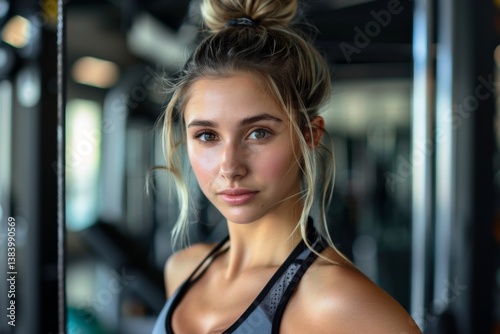 Portrait of a young female caucasian fitness trainer in workout attire at the gym Free Download Portrait of a young female caucasian fitness trainer in workout attire at the gym - GFXLoad