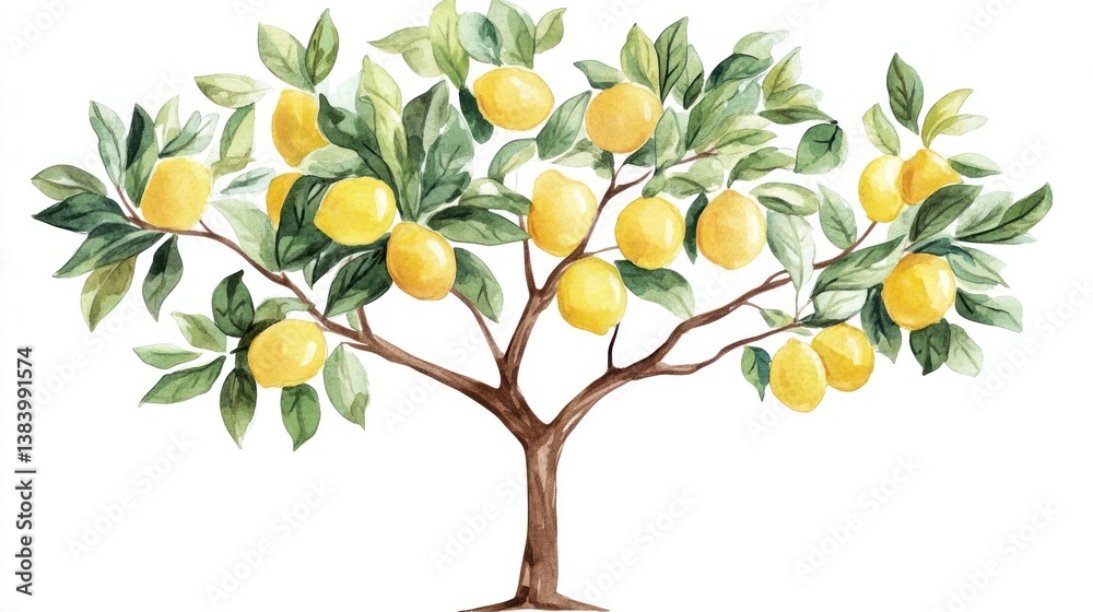 Naklejka premium Lemon tree laden with fruit, white background, food blog, recipe illustration
