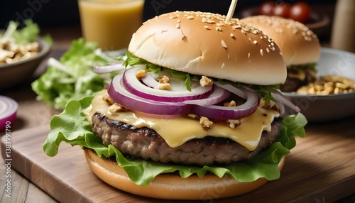 Cheeseburger with veges close-up, hamburger on a plate