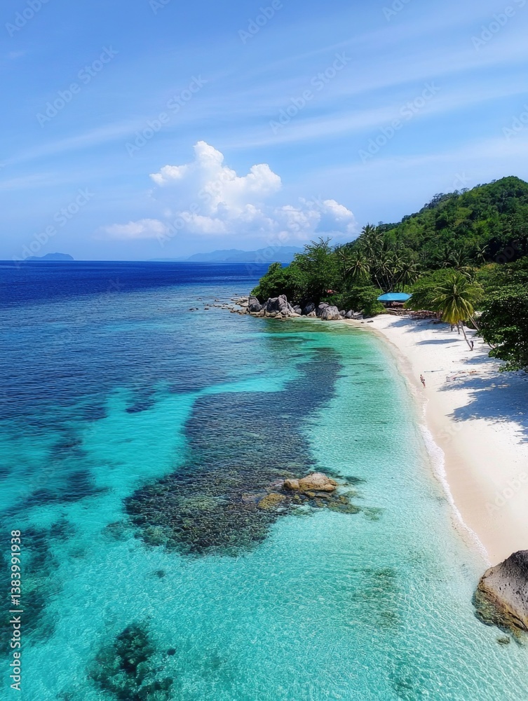 Breathtaking tropical destination with blue lagoon, palm trees, and clear skies.