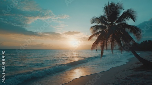 Peaceful beach sunset with palm tree and calm ocean. Perfect travel destination.