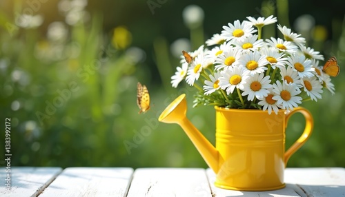 Fototapeta Naklejka Na Ścianę i Meble -  Summer floral composition with chamomile flowers in yellow watering can. Butterflies fly in garden over white wooden table. Nature, holiday, vacation, card design, template. Summer season, copy space.