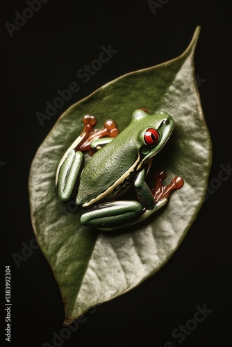 A green poison dart frog resting on a leaf. The frog's bright color is an adaptation for warning potential predators that it can be poisonous.