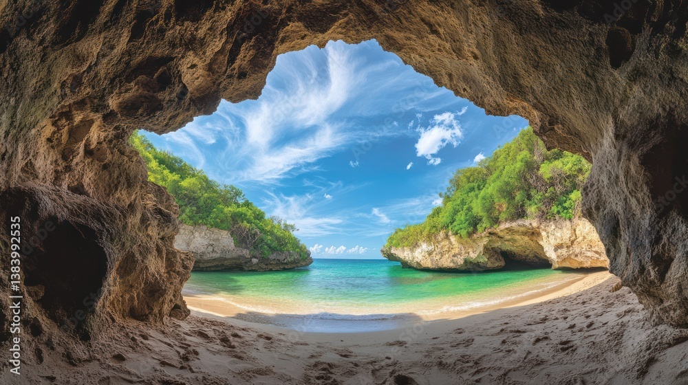 Fototapeta premium Tropical beach seen from cave, calm water, lush greenery