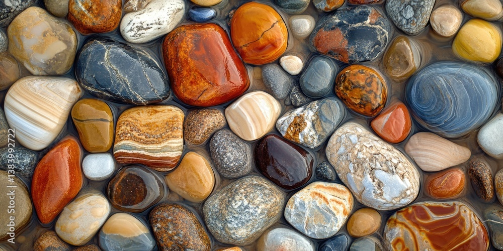 Multi-colored stones on ground, natural decorative rocks