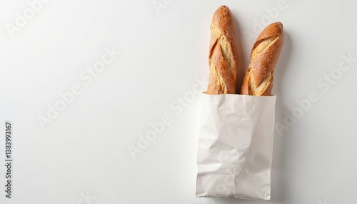 Fresh baguettes in white paper bag on white background. Bakery product, french bread for breakfast or meal. Healthy organic pastry, food shopping concept. Retail market, shop, grocery store.