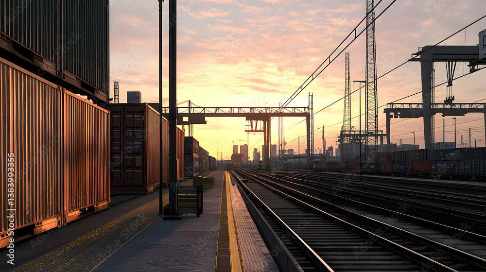 Fototapeta premium Industrial Port Sunset With Train Tracks And Containers