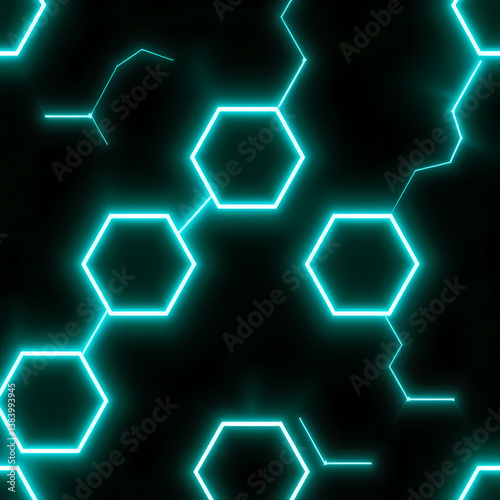 Seamless hexagonal honeycomb pattern with glowing cyan lines, high-tech cyber look.