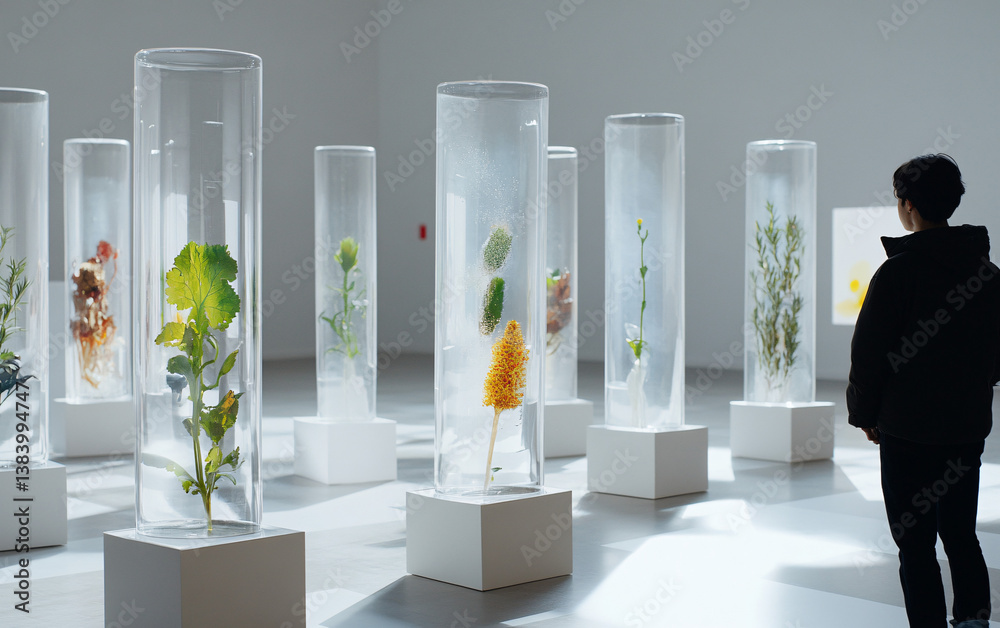futuristic botanical exhibition with green plants in transparent glass cylinders, modern gallery installation blending science and nature with people observing ecological displays