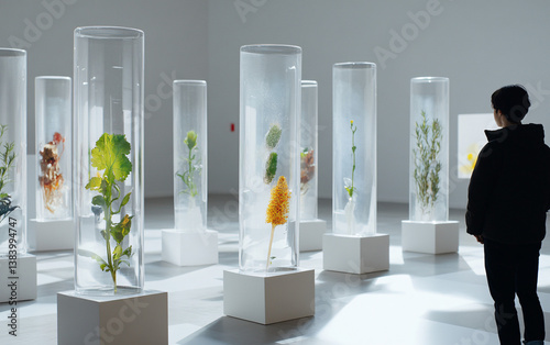 Obraz na płótnie futuristic botanical exhibition with green plants in transparent glass cylinders, modern gallery installation blending science and nature with people observing ecological displays
w salonie