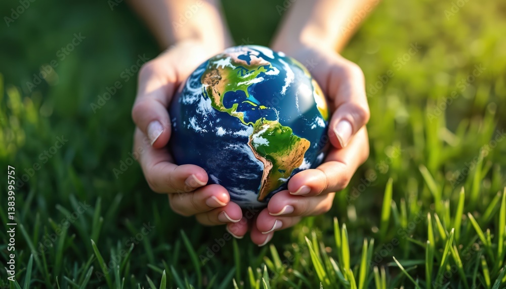 Hands gently hold Earth globe on green grass background. Illustrates care for planet, environment protection concept, world ecology. Focus on sustainable development, climate change awareness, Hands gently hold Earth globe on green grass background. Illustrates care for planet, environment protection concept, world ecology. Focus on sustainable development, climate change awareness,
