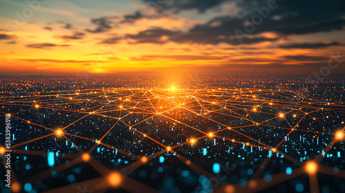 Smart city energy grids futuristic urban frameworks illuminating tomorrow's sustainable cities at sunset