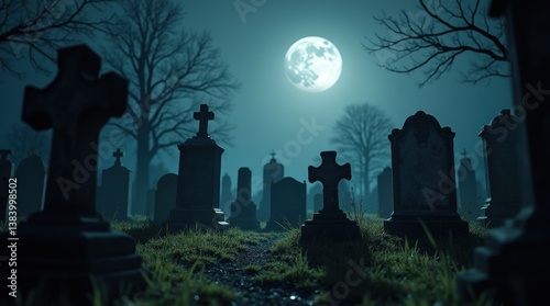 A haunting cemetery scene illuminated by moonlight, featuring weathered tombstones and eerie shadows, creating a mysterious and atmospheric setting.