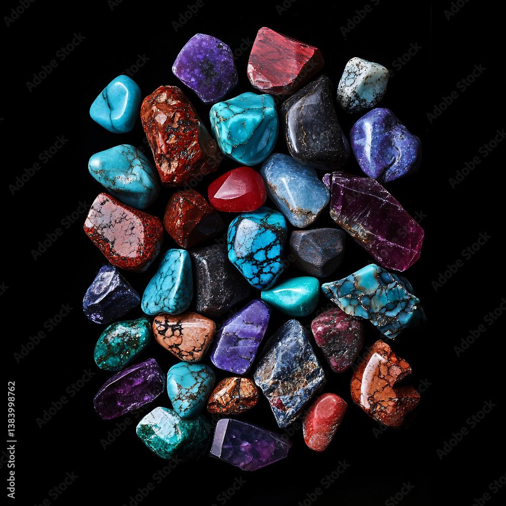 top view of assorted polished gemstones on dark slate background, vibrant mineral collection with vivid colors and smooth texture in natural light