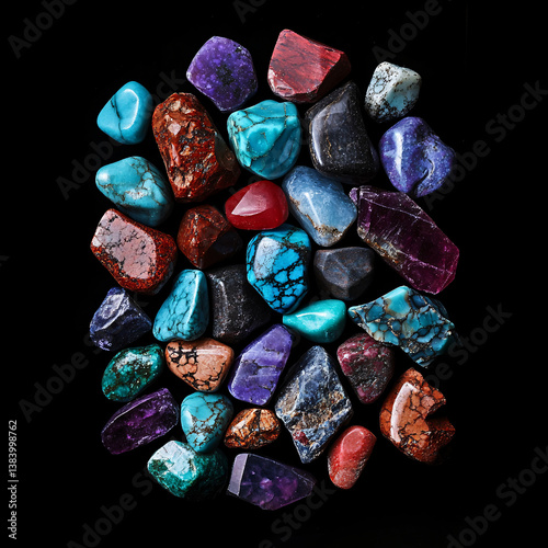 Obraz na płótnie top view of assorted polished gemstones on dark slate background, vibrant mineral collection with vivid colors and smooth texture in natural light
w salonie