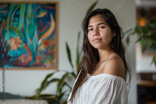 Portrait of a young hispanic woman in a modern home