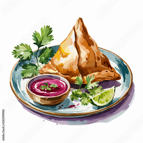 Watercolor Samosas with Chutney and Fresh Garnishes