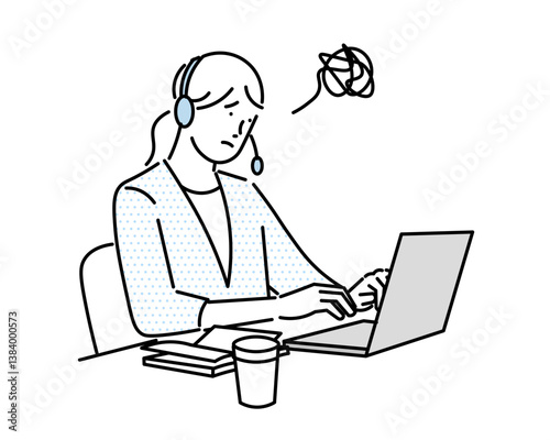 business woman with laptop-Woman working on computer - troubled face blue business - Simple Vector Illustrationパソコンで仕事をする女性ー困った顔ートラブルービジネスーシンプルベクターイラスト素材