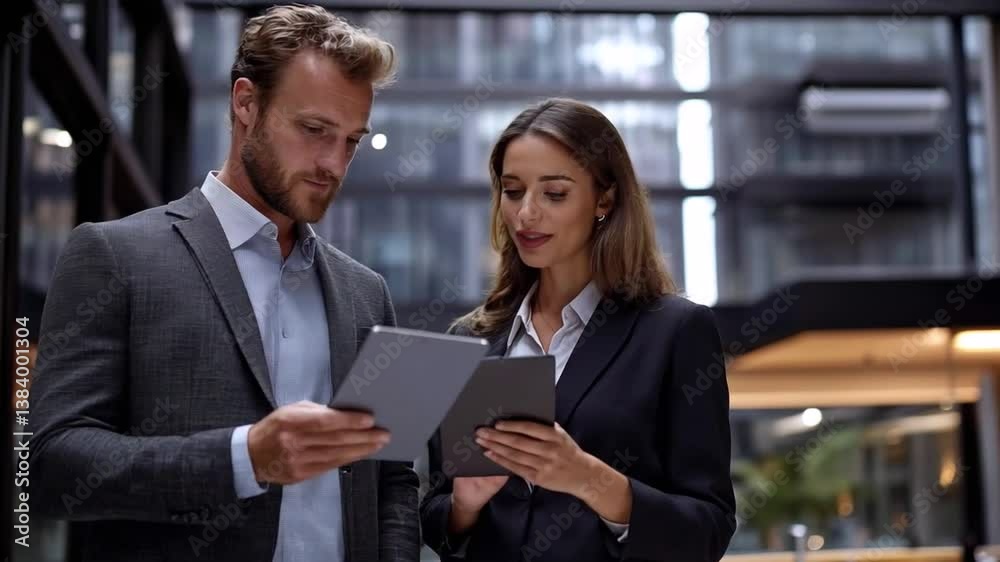 Business people using tablet computer in office business partners talking Business people using tablet computer in office business partners talking
