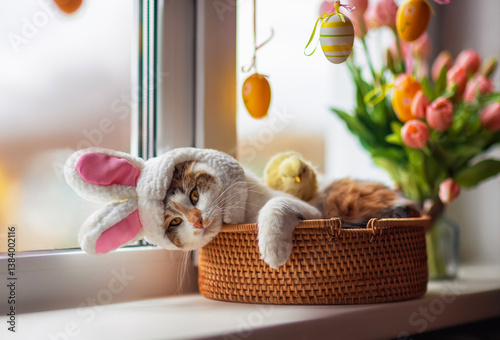 Photography unny kitten in easter bunny ears costume lies in basket on windowsill among flow