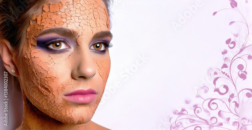 A beautiful lady with cracked skin peeling makeup looking sad with copy space and pattern to right