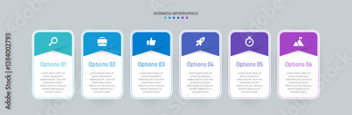 Horizontal progress bar featuring 6 arrow-shaped elements, symbolizing the six stages of business strategy and progression. Clean timeline infographic design template. Vector for presentation
