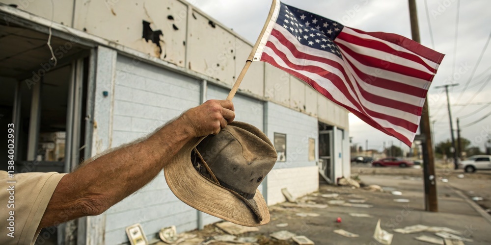 Man proudly displays American flag while standing in front of a damaged building in an urban area following a disaster