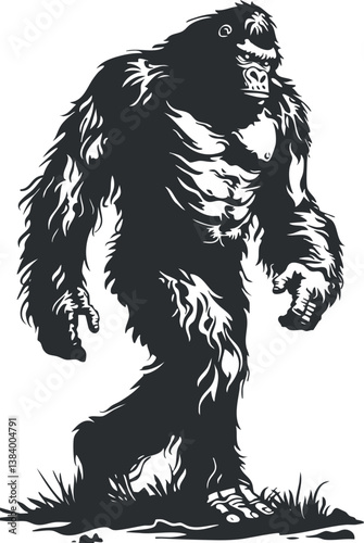 Silhouette illustration of a mythical Bigfoot creature walking through a forest landscape.