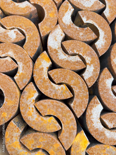 A pattern formed by rusty steel semicircles ready to be recycled